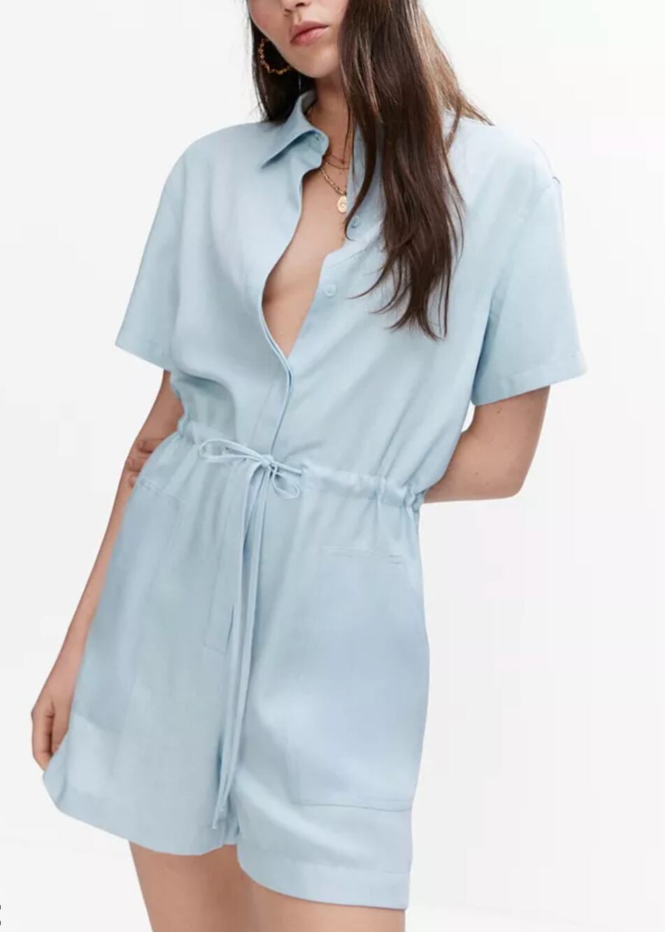 Mango MNG Womens M Blue Lyocell Button Up Romper Lightweight Summer Casual NWT